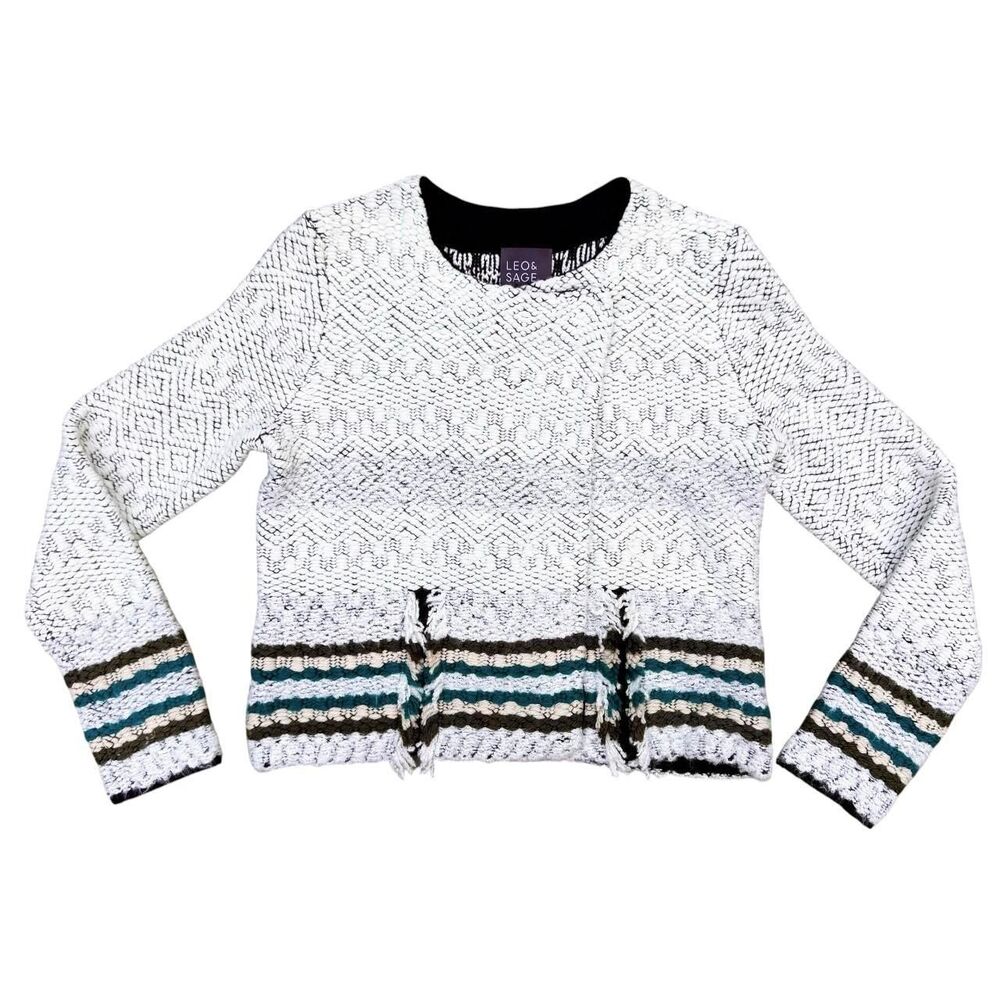 Parisian Boho Preppy Leo & Sage Anthropologie Fringe Knit Sweater Jacket - M